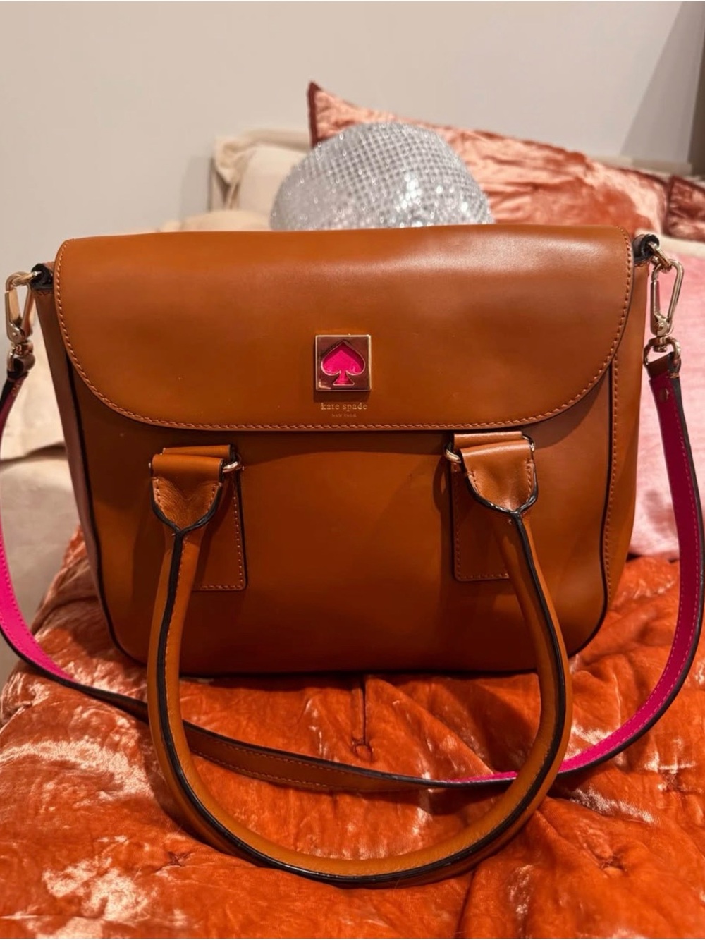 kate spade Cognac Leather Crossbody with Pink Accent